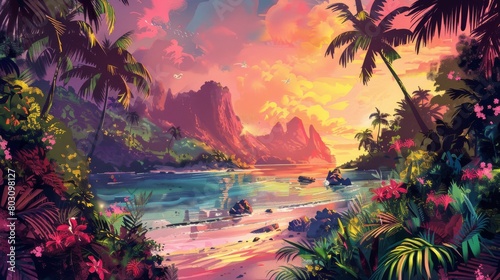 Idyllic tropical beach with vibrant sunset, lush foliage, and serene waves