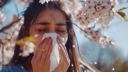 Close-up of a young woman blowing nose with tissue paper at the park. Woman with with allergy symptom blowing nose. Young pretty woman sneezing in front of blooming tree. Spring allergy concept