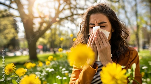Woman blowing her nose with tissue in park at sping, because of an allergy against pollen 