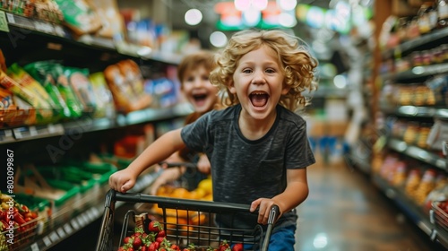 Two joyful young boys having fun while pushing a shopping cart in a grocery store aisle.