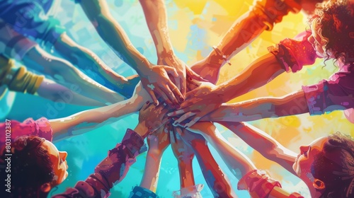 A group of diverse people of all ages and races joining their hands together over a colorful background.