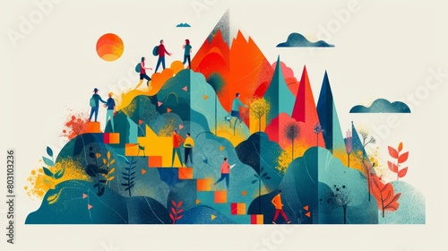A group of people hiking up a mountain. The mountain is made of colorful geometric shapes. The people are all different colors and wearing different clothes. The background is a light blue color.