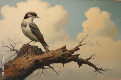 Vintage painting art, bird on tree root with clouds