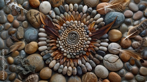 A unique mandala incorporating a mix of smooth river stones dried grasses and feathers inspired by the lush beauty of a calming riverbank..