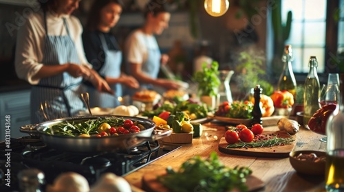 A diverse group of individuals participating in culinary exchanges, cooking demonstrations, and tastings to honor the gastronomic diversity of religious holidays. Copy Space