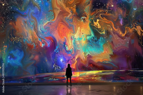 A person standing in front of a large, previously unblemished canvas that begins to fill with vibrant colors and patterns, symbolizing the return of creative inspiration