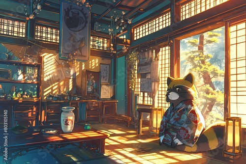 anime style illustration, raccoon chef is cooking