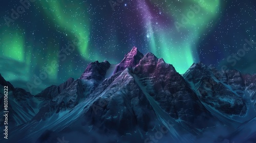Mountain peaks under the aurora borealis on a starry night, blending natural wonders with high tech visual effects for a dramatic scene