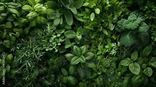 Lush, verdant assortment of various green leaves forming a dense, textured pattern.