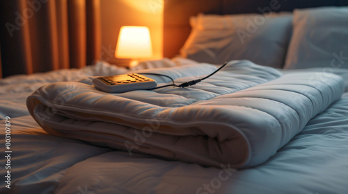 Folded electric heating pad with controller on bed 