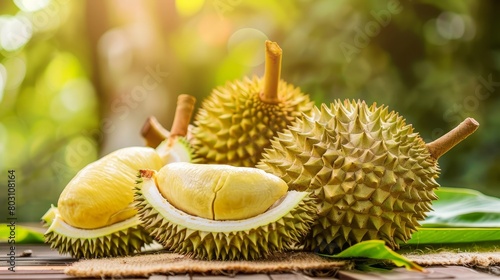 Close up of Durian fruit with a green background.