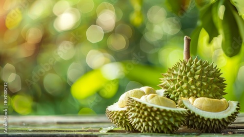 a durian on wood table. with a green background.