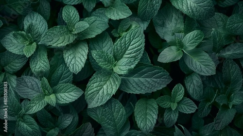 Lush green mint leaves densely packed, with a moody and dark tonal vibe.