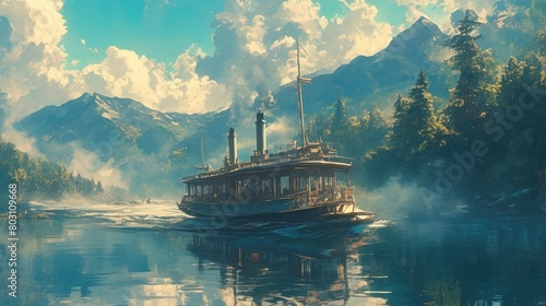 An old-fashioned paddle steamer cruising along a misty river in a nostalgic vintage style.,