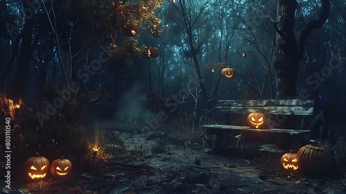 Twilight descends upon a sinister forest, where the malevolent gleam of Jack O' Lanterns casts an ominous light on a lone wooden bench, setting the stage for a spooky Halloween night.