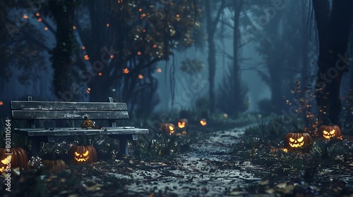 Twilight descends upon a sinister forest, where the malevolent gleam of Jack O' Lanterns casts an ominous light on a lone wooden bench, setting the stage for a spooky Halloween night.