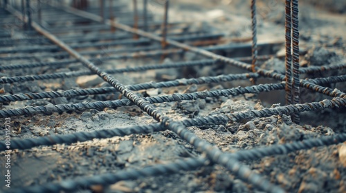 Close-up of reinforced steel bars at a construction site with visible texture detail.