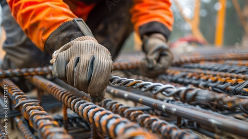 Close-up of a construction worker's hands tying steel reinforcing bars at a construction site.