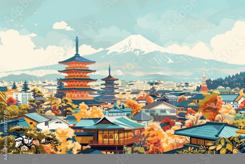 Illustration of Kyoto City with with vibrant colors
