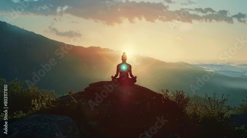 A silhouette of a man sitting in the lotus pose atop a rock in the heart of nature. His chakras glow softly, emanating vibrant energy that harmonizes with the surrounding environment