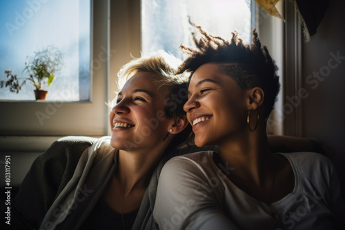 Two optimistic lesbians looking in same direction