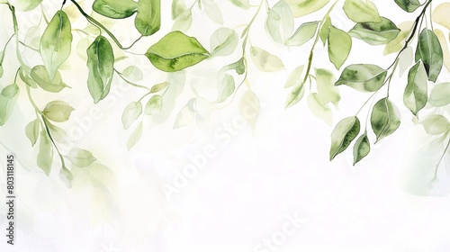 Watercolor illustration tree green leaves on a white background from a bottom of page. Fresh spring, gentle colors.