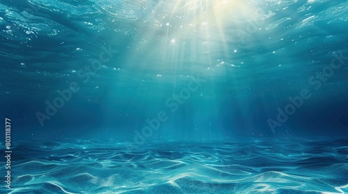 ethereal beauty of an underwater sea illuminated by shimmering blue sunlight, the serenity and mystique of the ocean depths