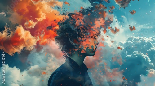 A man's head with his face obscured by an explosion of colorful smoke.