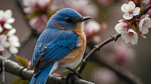 Chirpy bluebird perched on a blossoming