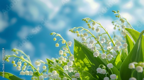 lily of the valley flowers, green leaves, blue sky background, sunlight, white lilies of the valley flowers