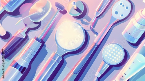 Color coordinated hygiene and grooming tools on an aqua-themed background