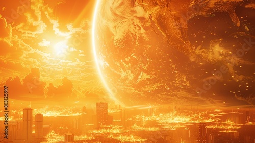 Apocalyptic cityscape with a giant sun and devastating firestorms engulfing the skyline.