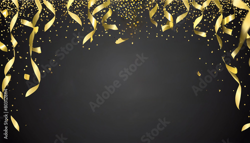 Black background or backdrop with gold golden streamers and confetti.