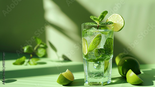 Glass of cold mojito and lime on green table