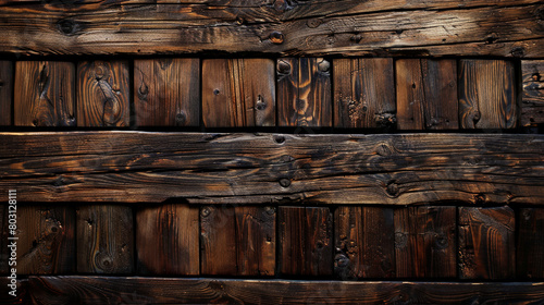 Layered and textured wooden planks in deep shades of burnt umber and charcoal, artfully arranged to show natural aging.