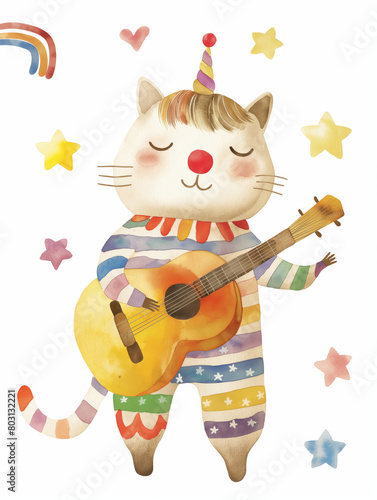 A cute cat wearing a clown costume is playing the guitar.