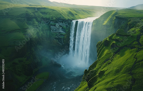 Beautiful view of Skogafoss Waterfall in Iceland, green grass on the ground
