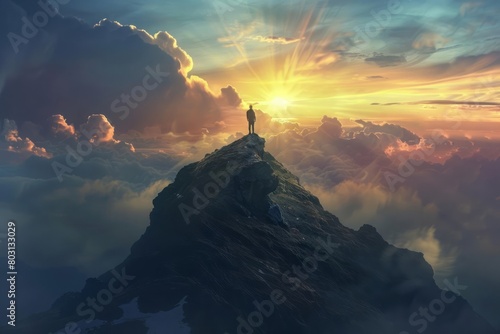 A person standing atop a mountain, having ascended from the valley of depression, looking out towards the horizon with hope