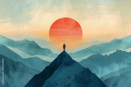 A figure taking a deep breath at the peak of a mountain, overlooking a sunrise that marks the beginning of a new chapter