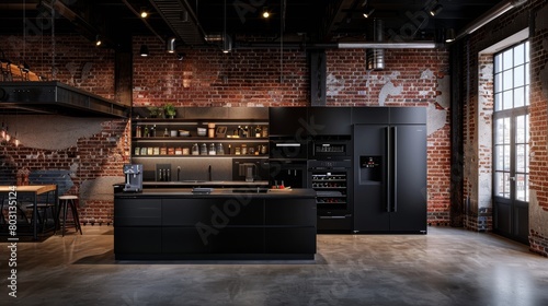 Elegant loft kitchen with sleek black cabinets and exposed brick walls