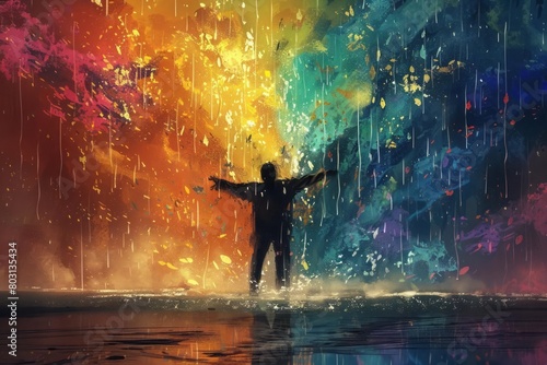 A man dancing in the rain as each drop turns into colorful drops of paint, creating a whirlwind of color and life around him