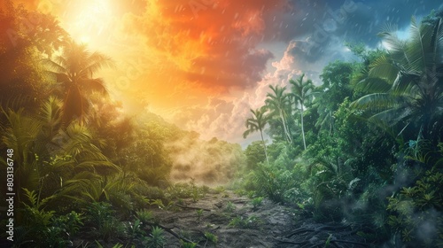 The lush green foliage of the jungle is bathed in the warm sunlight, while the stormy sky above is filled with vibrant oranges and purples.