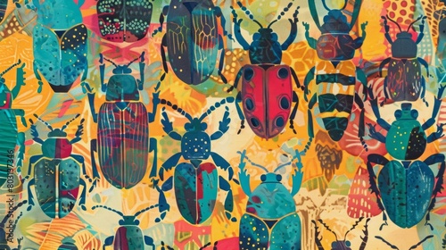 A fabric design featuring various types of beetles in a colorful and abstract pattern..