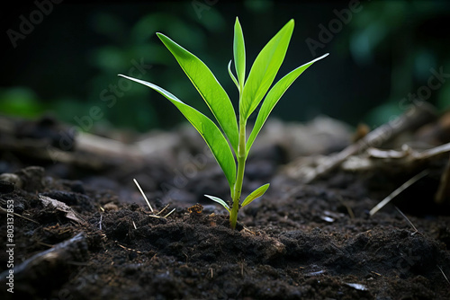 Detailed image of a young Bambusa bamboo shoot sprouting in the moist Amazon soil