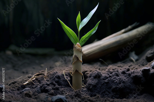Detailed image of a young Bambusa bamboo shoot sprouting in the moist Amazon soil