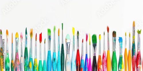 Set of different dirty paint brushes with gouache isolated on white. Composition of colorful painting brushes for drawing arranged in a row. Concept of hobbies and creativity. Banner with copy space