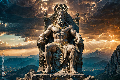 The majestic Statue of Zeus sits enthroned atop the craggy peak of Mount Olympus, Generative AI