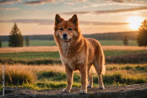 full body of Finnish Spitz dog on blurred countryside background, copy space
