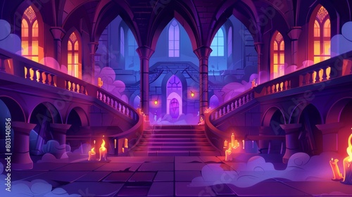 Illustration of a hall interior with a ghost at night in a medieval royal castle. Varied architectural details such as stairways, balustrades, glowing candles and fog can be seen in this baroque
