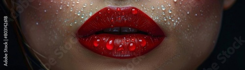 A woman red lips glistening with moisture against a dark background